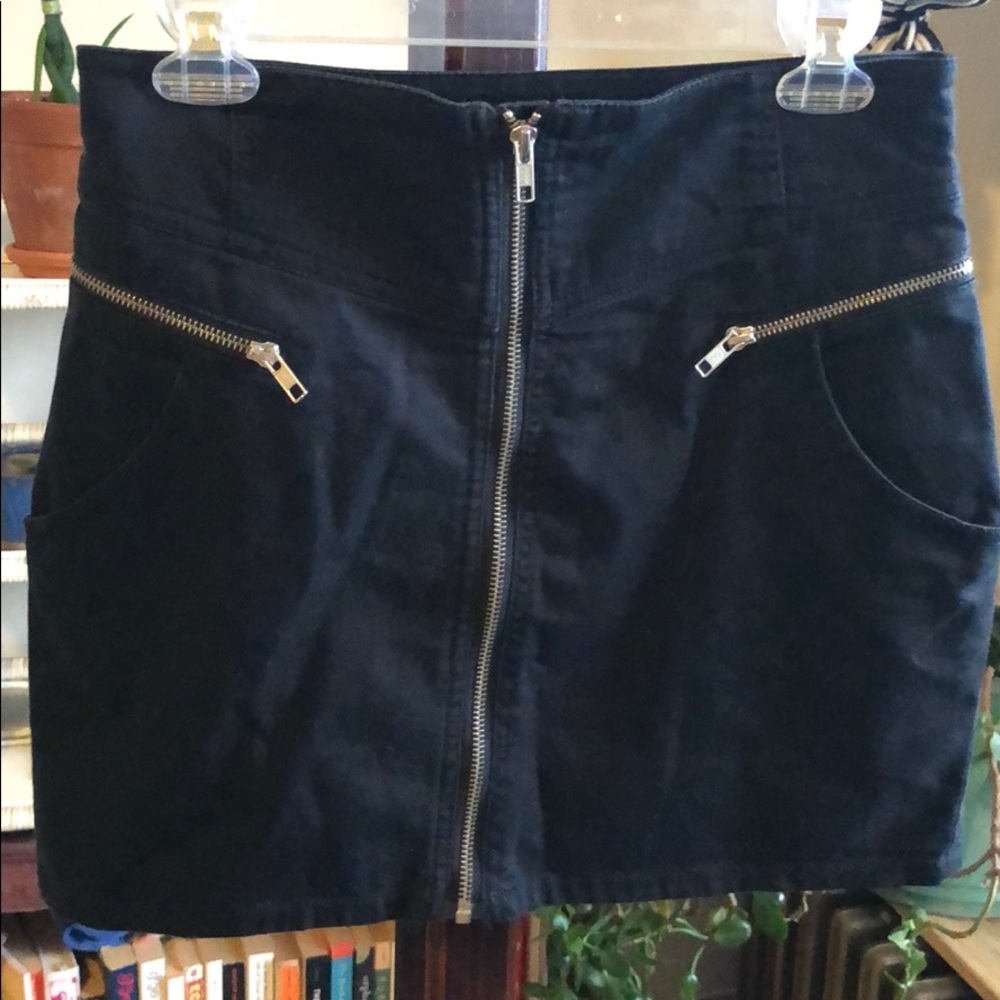 Black zip front mini skirt
